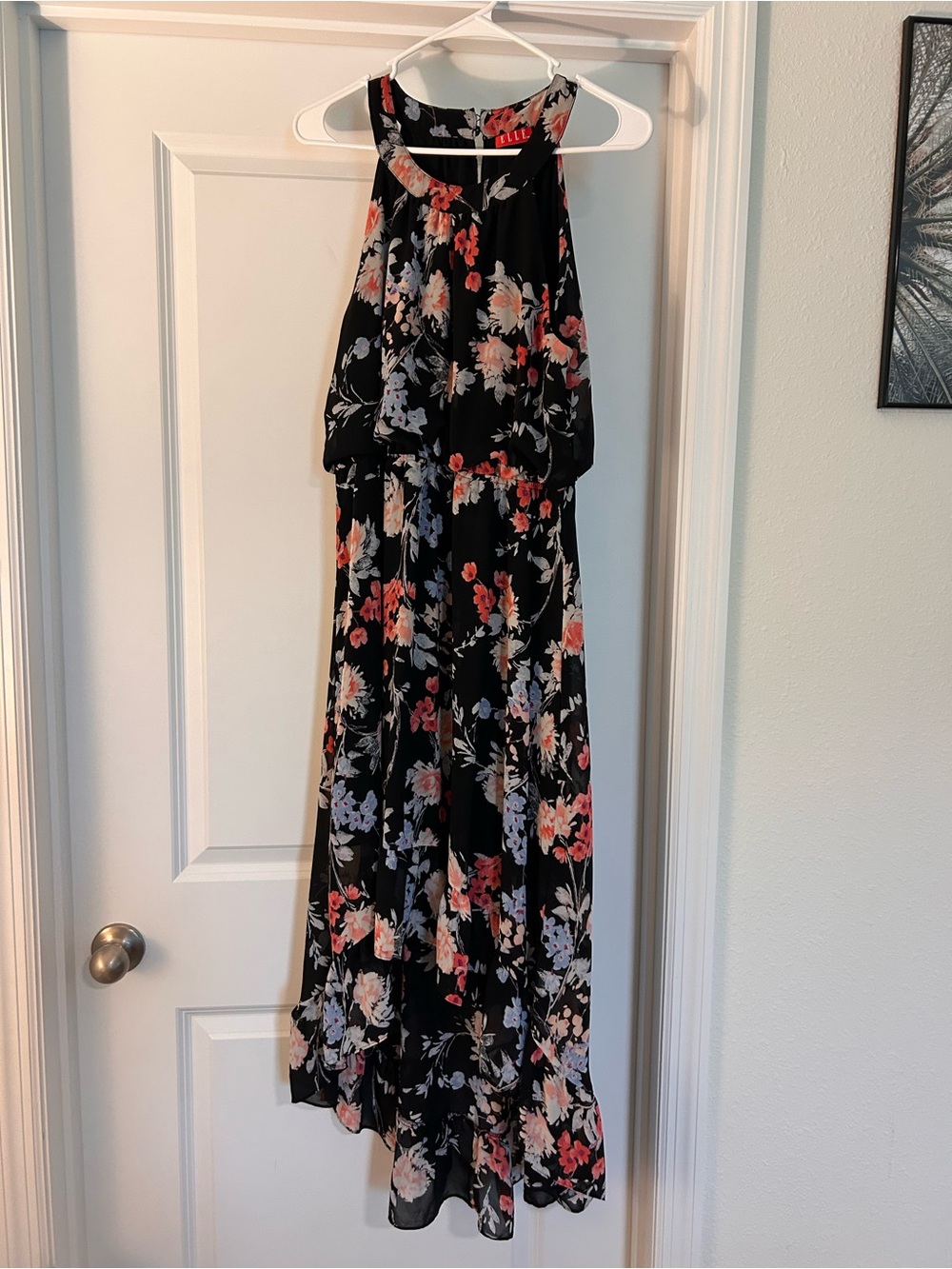 Elle Black Halter Maxi hi-lo Dress with Coral & Lavender Floral Print
